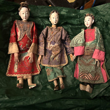 SET of 3 Female Chinese Hand Carved painted Opera Dolls Original Costumes C1900 picture
