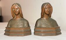 pair of 2 antique 1800's bronze clad lady bust statue Beatrice bookends set picture