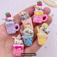 Set of SIX Cute Cartoon Kitty Cat in a Cup Lovely Floral Design Resin Magnets picture