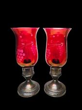 Vintage Sterling Silver & Ruby Glass Hurricane Lamps~Crest Silver Co.~Set of 2 picture