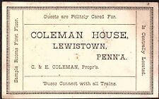 1880s Coleman House LEWISTON PA C & E Coleman Prop Hotel Victorian Trade Card picture