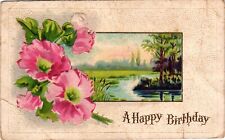 1917 A Happy Birthday Pink Floral Embosses Posted Divided Back Vintage Postcard picture