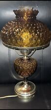 Vintage Hurricane Table Lamp Amber Quilted Glass Shade ~ 3-Way ~ 20