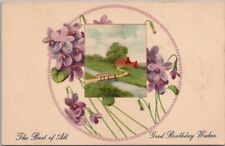 HAPPY BIRTHDAY Embossed Postcard House Scene / Purple Violet Flowers -Dated 1912 picture