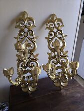 VTG Set Of 2 Barwood 3 Arm Pillar/Votive Wall Hanging Candle Sconces Ornate Gold picture