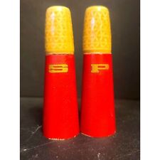 ONE ofa KIND MCM Salt & Pepper Shakers Ceramic Corncob Style Top Red Wood Bottom picture