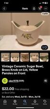 Vintage Ceramic Sugar Bowl, Brass Knob on Lid, Yellow Pansies on Front picture