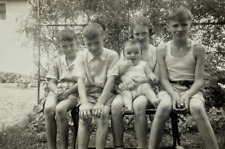 Five Children Sitting On Bench In Yard B&W Photograph 2.5 x 4 picture