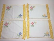 Vintage Placemats Bureau Scarves Hand Embroidered Cross Stitch Ruffled Yellow picture