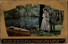 Romantic Couple by stream rowboat parasol ~ 1910 vintage postcard sku201 picture