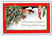 c1910's Christmas Greetings Christmas Tree Girls Sleeping Embossed Postcard picture