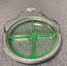 Green Uranium Depression glass tray chrome handle trim divided relish/candy dish picture