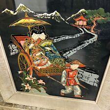 Vintage Japanese Oil Painting on Glass Geisha Girls Framed 14 x 17 Signed picture
