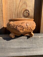 Vtg Carved Faux Wood  FTDA Footed Bowl Dish Container Made In USA 3.5 By 5.75 picture