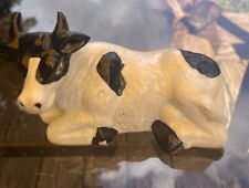 Vintage Ceramic Sitting Cow Figuring Black White picture