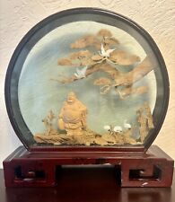 Vintage Large Chinese Hand Carved Cork Round Diorama Lacquer Cherry Wood picture