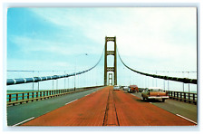 Postcard MI Mackinac Straits Bridge Classic Cars c1950's St. Ignace Michigan picture