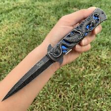 8.75” Tactical Damascus Blue Dragon Engraved Spirng Assisted Open Pocket Knife picture