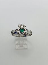 Vintage Sterling Silver Natural Emerald Claddagh Ring TJH Signed Size 9 2.7g 925 picture