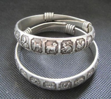2PCS OLD HANDWORK MIAO SILVER CARVED LUCKY CHINESE ZODIAC ADJUST BRACELET BANGLE picture