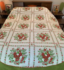 Vintage Poinsettia Oval Fabric Christmas Tablecloth 86 X 62 picture
