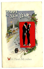 New Year Postcard c1915 Couple Romance Birds Holly Church picture