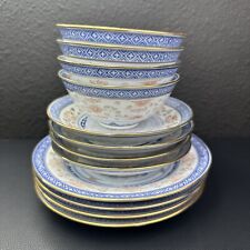 Antique Chinese Blue White Gold Porcelain Rice Eye Grain Set Lot 12 Piece picture