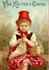 1890s Color Victorian Trade Card. Van Houten's Cocoa. Cute Little Girl Knitting picture