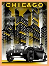 Chicago Illinois Car & Buildings Retro Travel Art Deco Poster Print picture