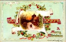 vintage tucks postcard - A Merry Christmas holly wreath and church scene 1909 picture