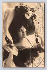 c1902 German Studio Portrait of Beautiful Young Woman Flower Girl Postcard picture