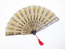 Vintage Asian Folding Hand Fan Embroidered Black Gold Color Fabric picture