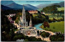 La Basilique et le Rosaire Lourdes France Landscaped Grounds Mountain Postcard picture