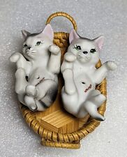 Vintage Playful Pair of Kitty Cats Kittens Porcelain Figurines In Wicker Basket  picture