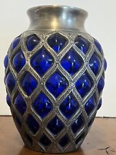 VTG HAND BLOWN COBALT BLUE BUBBLE GLASS IN SILVER PEWTER CAGE 8.3/4” URN picture