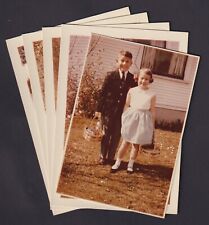 5 Color Photos Snapshots EASTER MORNING 1964 Cute Boy & Girl w/ Easter Baskets picture
