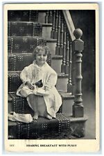 1910 Little Kid Sharing Breakfast With Pussy Parkers Prairie MN Posted Postcard picture