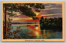 Greetings from Cassopolis Michigan MI Linen Postcard Lake Sunset picture