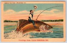 1948 GREETINGS FROM TALL TIMBERS MARYLAND MAN RIDING EXAGGERATED FISH POSTCARD picture