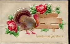 Postcard Antique Thanksgiving Greetings Turkey Roses Heavy Embossed Early 1900s picture