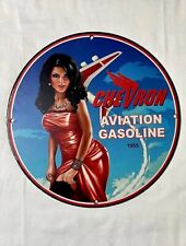 CHEVRON AVIATION GASOLINE PINUP GIRL PORCELAIN GAS OIL STATION PUMP PLATE SIGN picture
