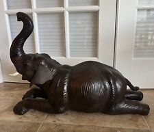 Large Leather Wrapped Elephant Sculpture Statue Trunk Up Soft Ears 30” Long picture