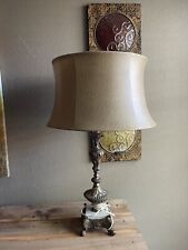 Vintage Footed Shabby Cottage Brass Metal Table Lamp Stone/Marble picture