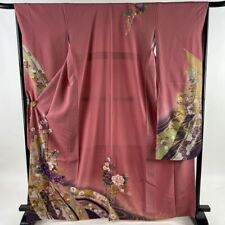 65.7inc Japanese Kimono SILK FURISODE Imperial car Flowers Pink picture