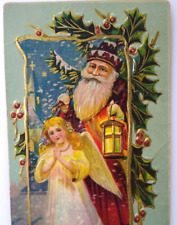 Santa Claus Father Christmas Postcard Old World Lantern Angel Prays Gel Embossed picture