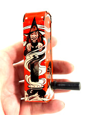 vtg US Metal tin litho Halloween Noisemaker Witch Bat Black Cat Haunted House  picture