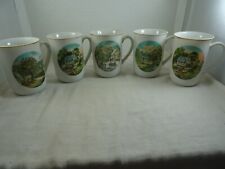 Vintage Currier & Ives Season's Gold Trim Porcelain Coffee Cup set Japan 5 pcs picture