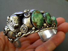 Native American Navajo Green Turquoise Sterling Silver 3D Buffalo Bracelet 107g picture