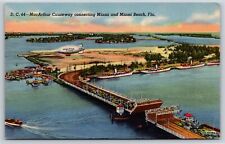 Transportation~Air View MacArthur Causeway To Miami Florida~Vintage Postcard picture