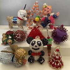 Vintage Sequin Push Pin Beaded Christmas Ornament Lot Clown Bell Panda Angel picture